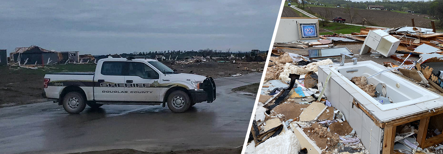 Douglas County Sheriff’s Office truck parked on the road surrounded by tornado debris. A bathtub in the rubble of a home after a tornado