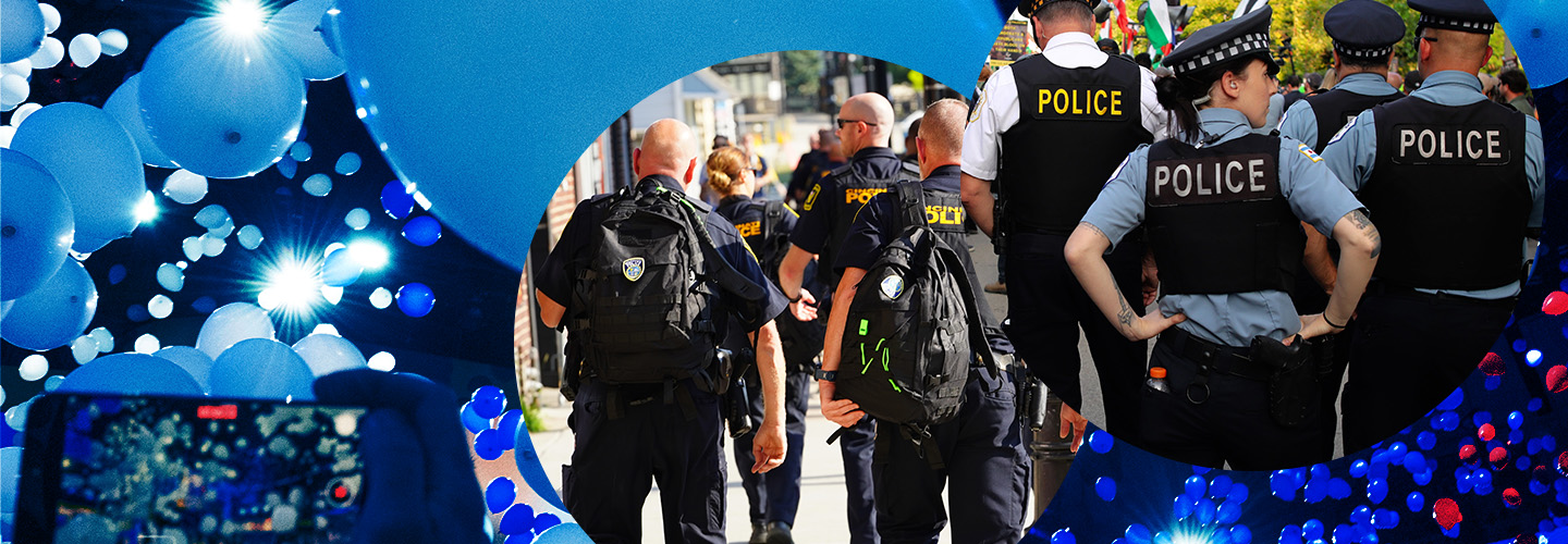 Balloons fall at a convention, police officers in Milwaukee and Chicago prepare for conventions in their cities