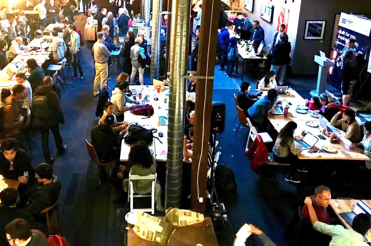 A large crowd works at FirstNet's first public safety hack-a-thon in San Francisco March 23-24, 2018.