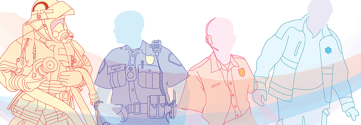 A silhouette of four first responders standing together: a firefighter holding a firehose, a law enforcement officer, a 9-1-1 telecommunicator, and an emergency medical professional. 