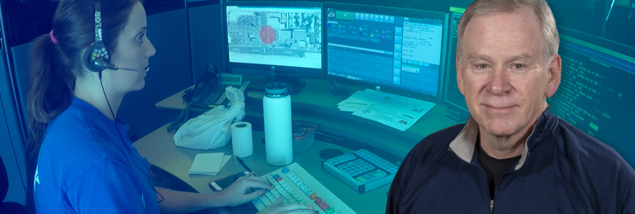 Headshot of John Hunt with gradient background of 9-1-1 call operator .
