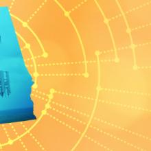 The silhouette of the State of Alabama revealing a cell tower inside; radiating connectivity illustration