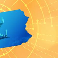 The silhouette of the State of Pennsylvania revealing a cell tower inside; radiating connectivity illustration