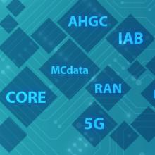 Illustration depicting connection and technology; diamonds with “CORE,” “MCdata,” “AHGC,” “IAB,” RAN, “5G,” and “R19” within