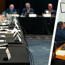 Public Safety Advisory Committee members sitting in a meeting; Tribal Working Group members sitting around a table.