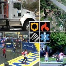 The FirstNet Authority logo with four images: a Satellite Cell on Light Truck, tree damage after a storm, runners crossing the finish line at the Boston Marathon, and two police officers on duty riding bicycles