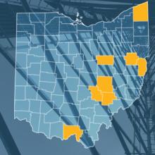 The state of Ohio, with outlined county borders; a cell tower.