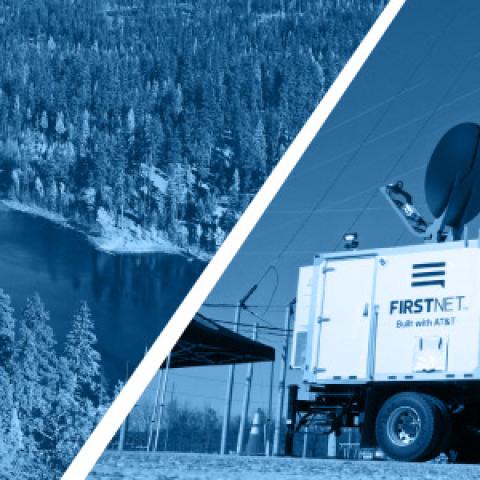 An aerial view of a body of water surrounded by trees. A FirstNet deployable Satellite Cell on Light Truck (SatCOLT).